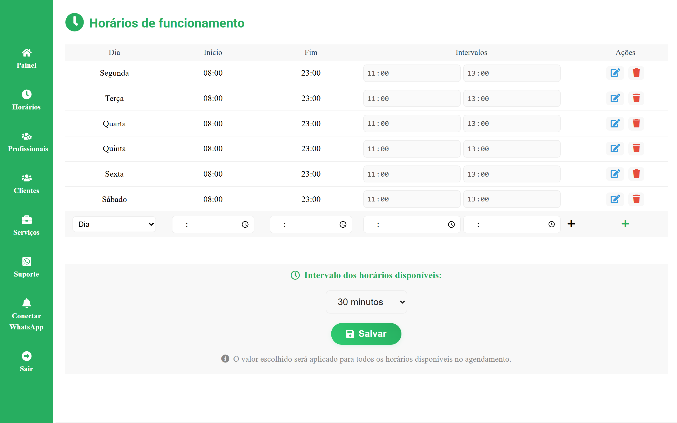 Configuração de horários